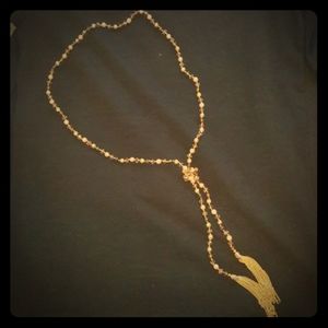 Golden Beaded Tied Tassel Necklace